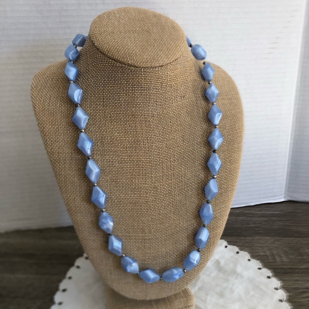 Vtg Blue Pearlescent Lucite Beaded Necklace